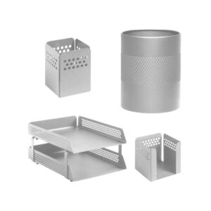 Desk Set - Round Perforated Steel Range - Metal - Letter Tray, Waste Bin, Pencil Cube and Cup - Silver - 810SI