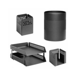 Desk Set - Round Perforated Steel Range - Metal - Letter Tray, Waste Bin, Pencil Cube and Cup - Colour Options - 810BL