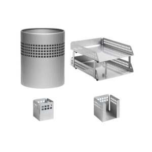 Desk Set - Square Punch Steel Range - Metal - Letter Tray - Waste Bin - Pencil Cube and Cup - Silver - 413SI