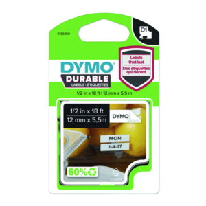 Dymo D1 Vinyl High-Performance Label Tape 12mm x 5.5m Black on White
