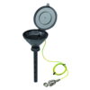 SCAT Funnel with lid "MARCO", V2.0, S50, 140 mm, PE-HD electrostatic conductive, with lance 220 mm, with removable sieve and earthing cable