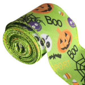 Halloween Ribbon with wired edge – Lime Bats & Spiders