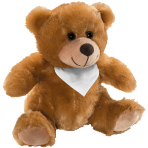 Medium size soft plush teddy bear. Branding will be printed on the scarf