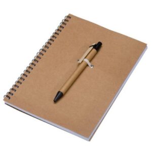 Compact A5 notepad made of recycled paper with matching ball pen