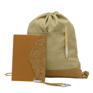 Recycled Gift Set with Cork Charging Cable, A5 Notebook & Pen In Eco Drawstring Bag