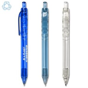 Ballpen with bamboo barrel, plastic coloured parts, blue ink. ?
