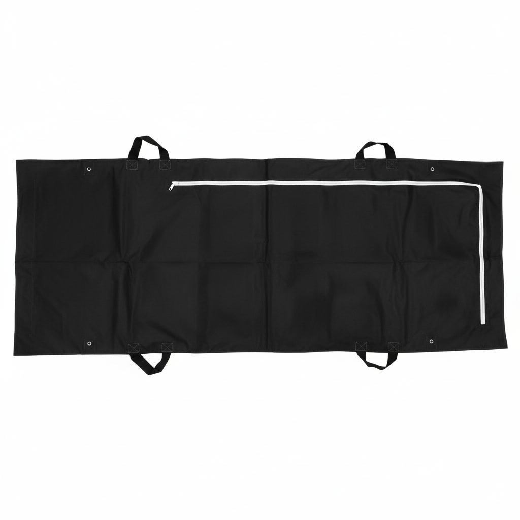 Black heavy-duty body bag with eight handles, side view
