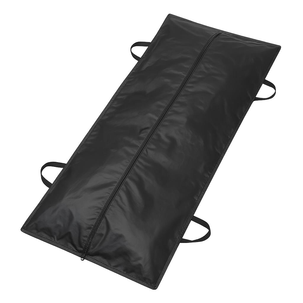 Black body bag with centre zip and carry handles, angled view