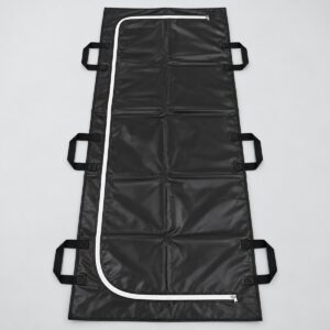 Black body bag with J-shaped zip and 6 handles