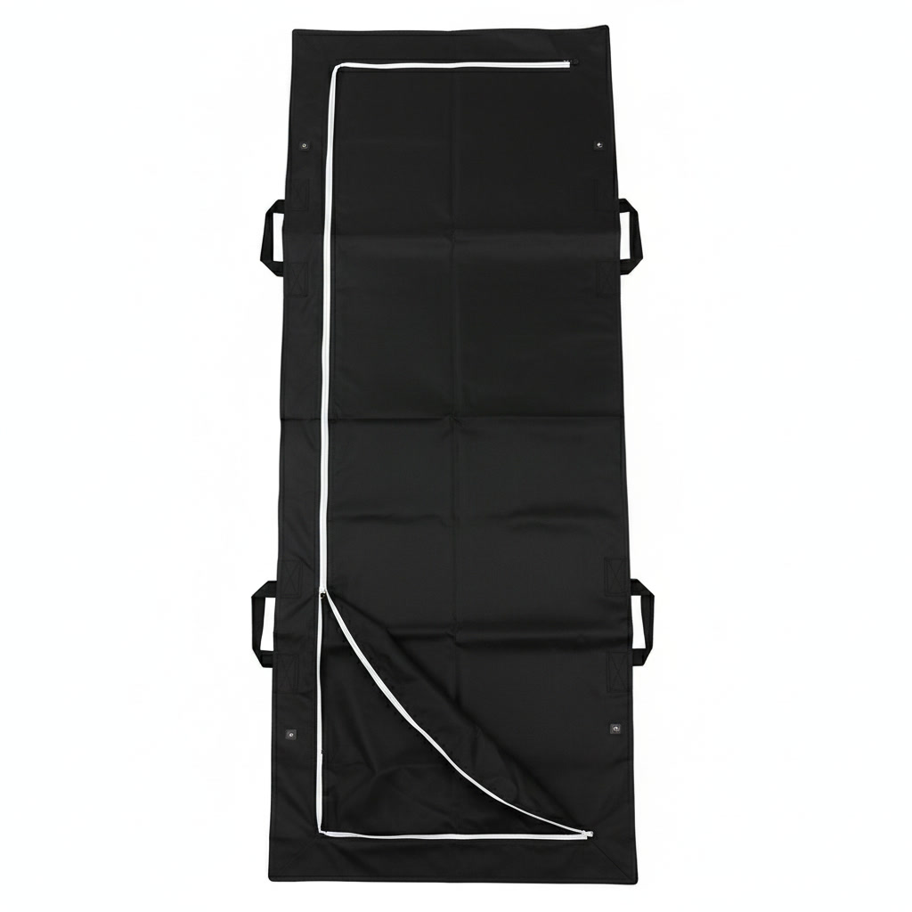 Black heavy-duty body bag with J-shaped zip and six handles
