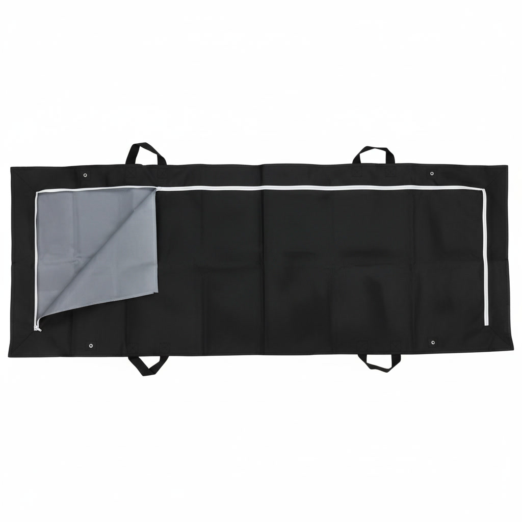 Black heavy-duty body bag opened to show grey inner lining