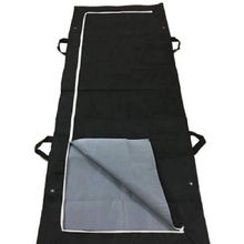 Black heavy-duty body bag with J-zip opened to grey lining