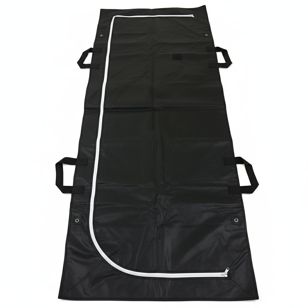 Black heavy-duty body bag with U-shaped zip, front view