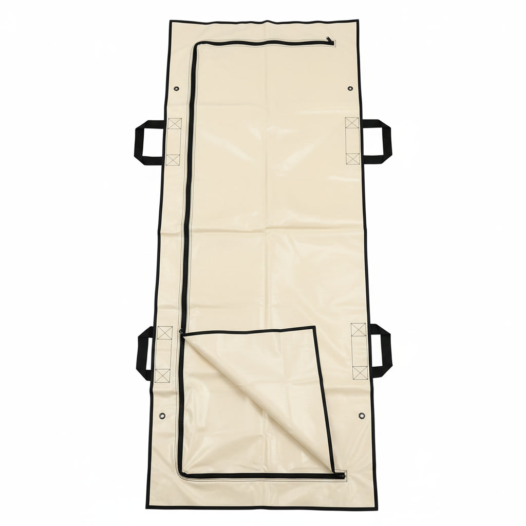 Cream heavy-duty body bag with J-shaped zip and six handles