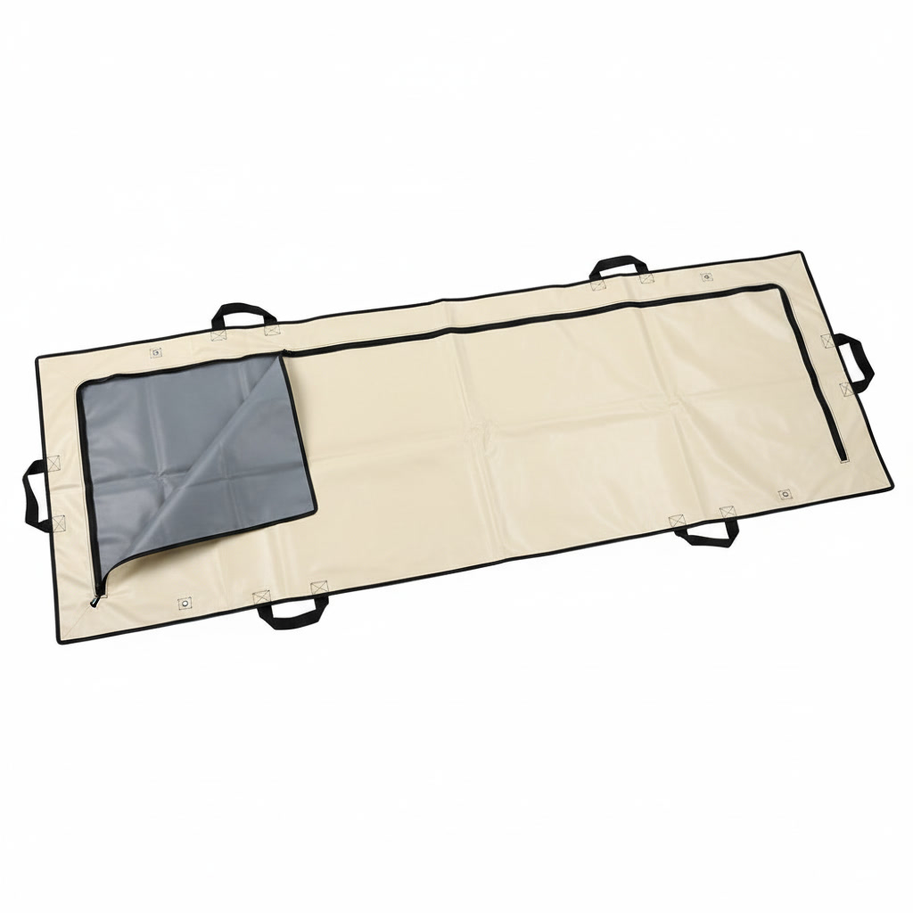 Cream heavy-duty body bag opened to show grey lining