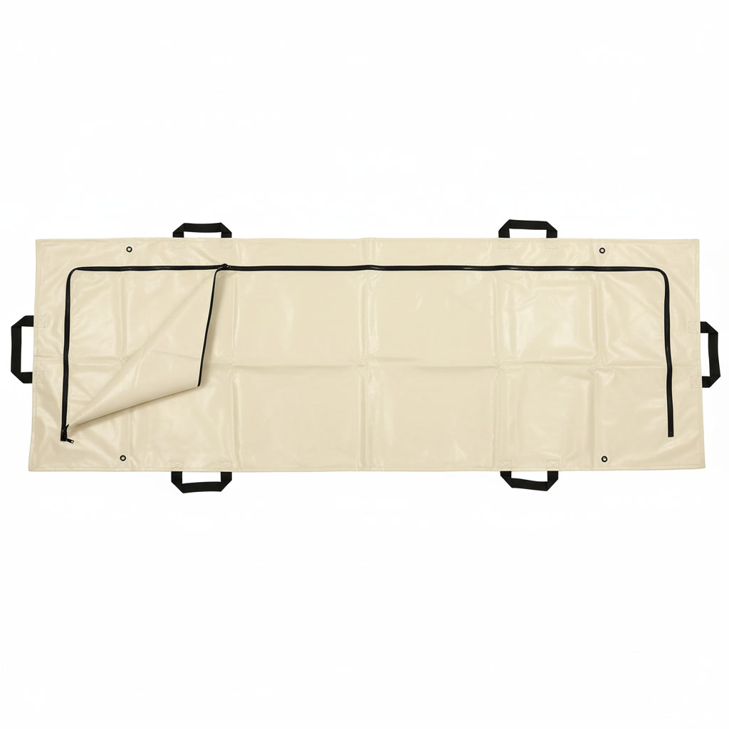 Cream heavy-duty body bag with handles, side view