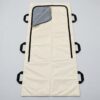 Cream body bag with U-shaped zip opened to grey lining and 6 handles