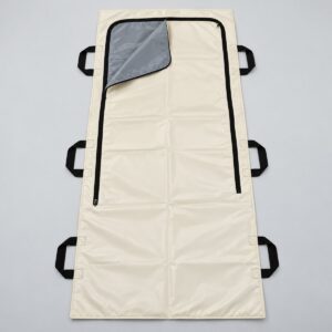Cream body bag with U-shaped zip opened to grey lining and 6 handles