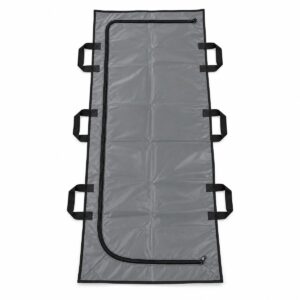 Grey body bag with J-shaped zip and 6 carry handles