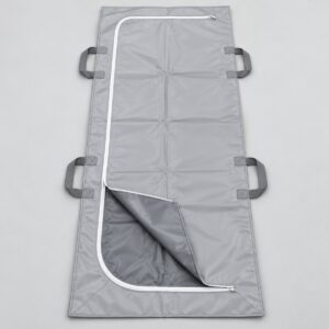 Grey body bag with J-shaped zip opened to grey lining and 4 handles