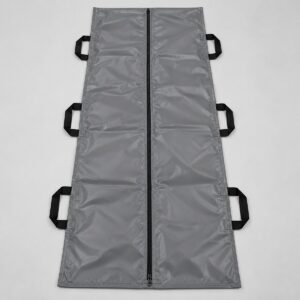 Grey PVC body bag with centre zip and 6 black handles