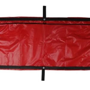 Red body bag with curved zip and eight handles, wide view
