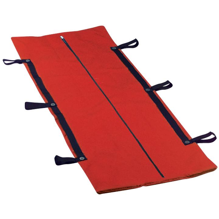 Red body bag with centre zip and navy strap handles