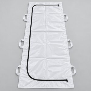 White body bag with J-shaped zip, black zipper and 6 handles